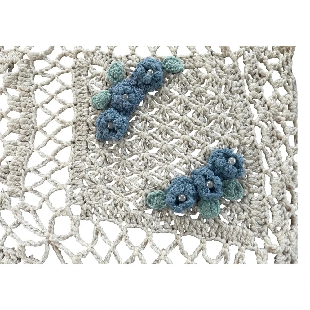 Vintage Style Crochet Throw Blanket 51x48 Cream Blue 3D Floral Pearl Accents